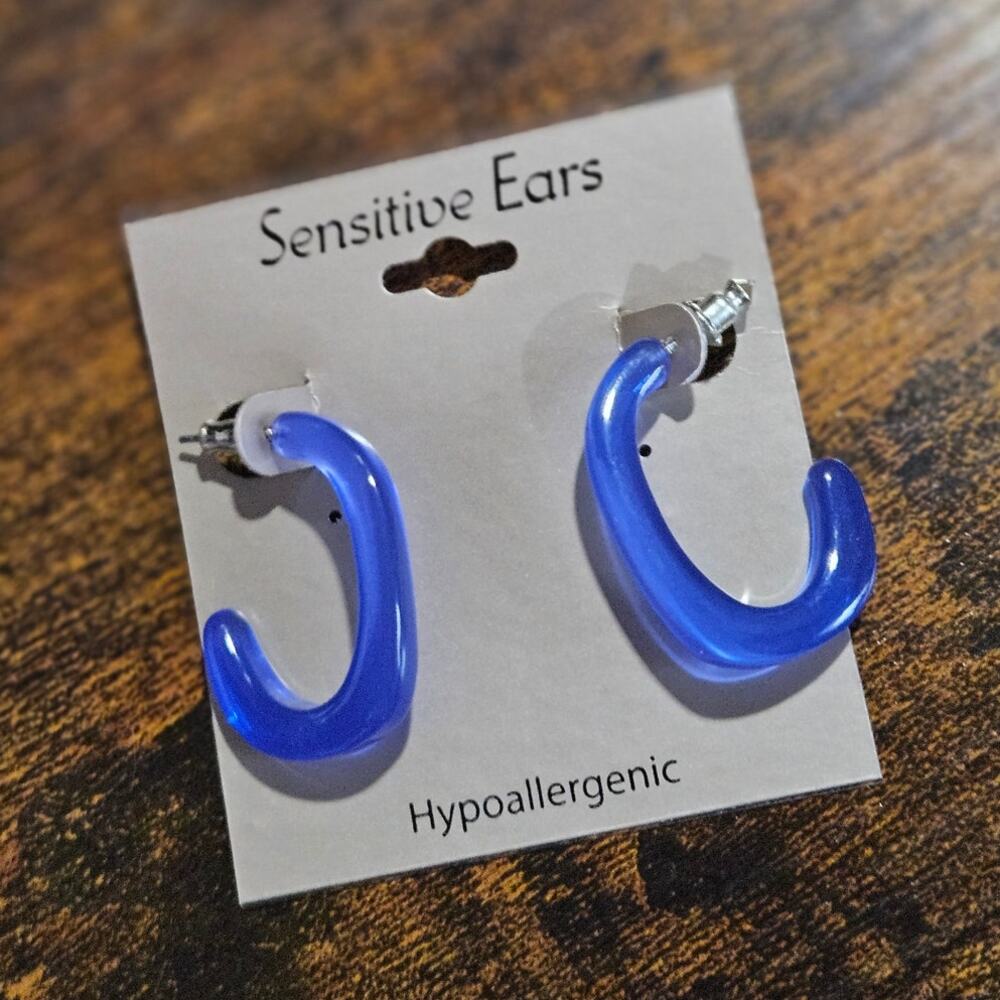 Sensitive Ears Vibrant Blue Acrylic C Stud / Open Hoop Earrings ~ Bold Stylish
